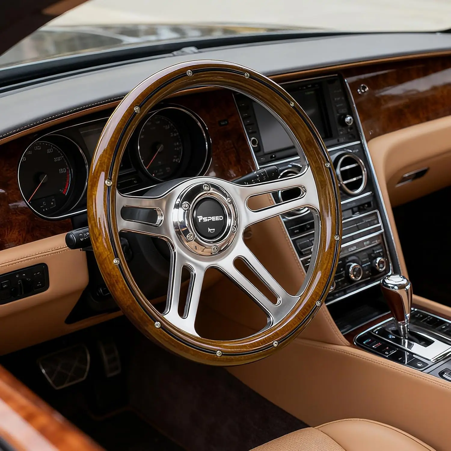 14 inch Mahogany Solid Wood Steering Wheel ,6 Bolt 4 Spoke Chrome Aluminum Vintage Wood Grain Steering Wheel with Horn Button for Vintage Car, for Cars,for Racing for Classic Car Steering Wheel