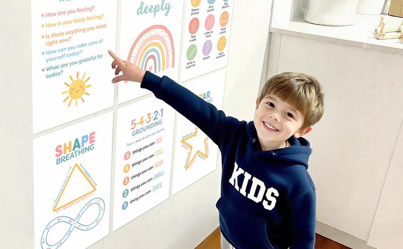 12 Calming Corner Posters (10x8) - Feelings Wheel Chart & Emotions Poster, Calming Corner Supplies For Therapy, Mental Health  Laminated Toddler Educational Wall Posters