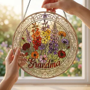 Personalized Granma Suncatcher: Family Birth Flower Suncatcher, Custom Mom Garden Gift, Stained Acrylic Style, Mother’s Day Gift for Mom Nana Wildflower Garden Gift for Grandma Mother's Day 2026, Acrylic Suncatcher, Window Hanging, Gift For Mom, Nana
