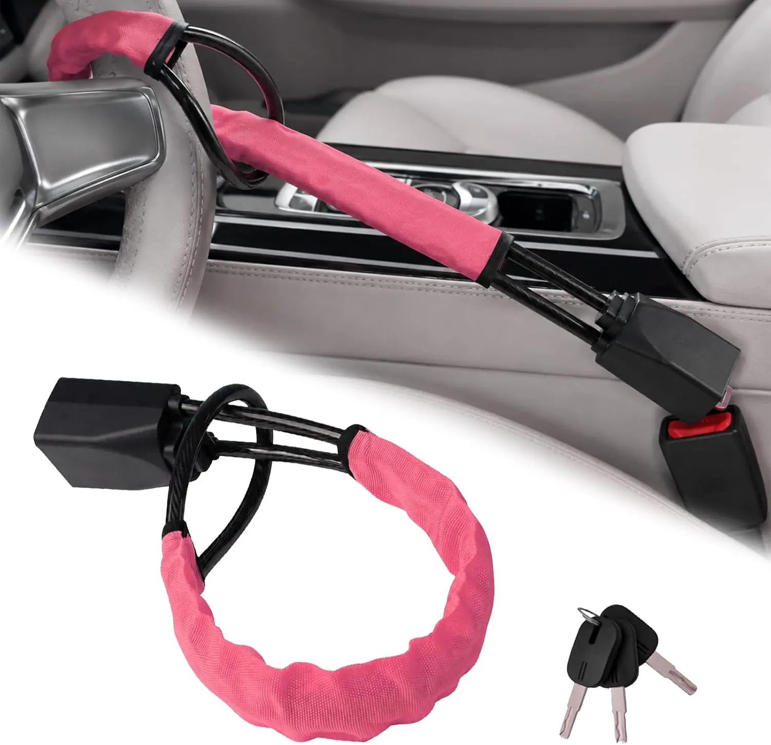 Car Steering Wheel Lock, High-Strength Steel Cable Car Seat Belt Lock, Theft Prevention with 2 Keys for Car Security Fit Most Vehicles Truck SUV Van (Pink)