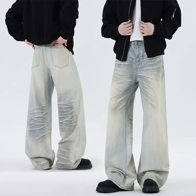 Retro mustard yellow washed ruched wide-leg jeans for men and women, distressed gradient “cat hair” loose floor-length denim pants, Y2K street style