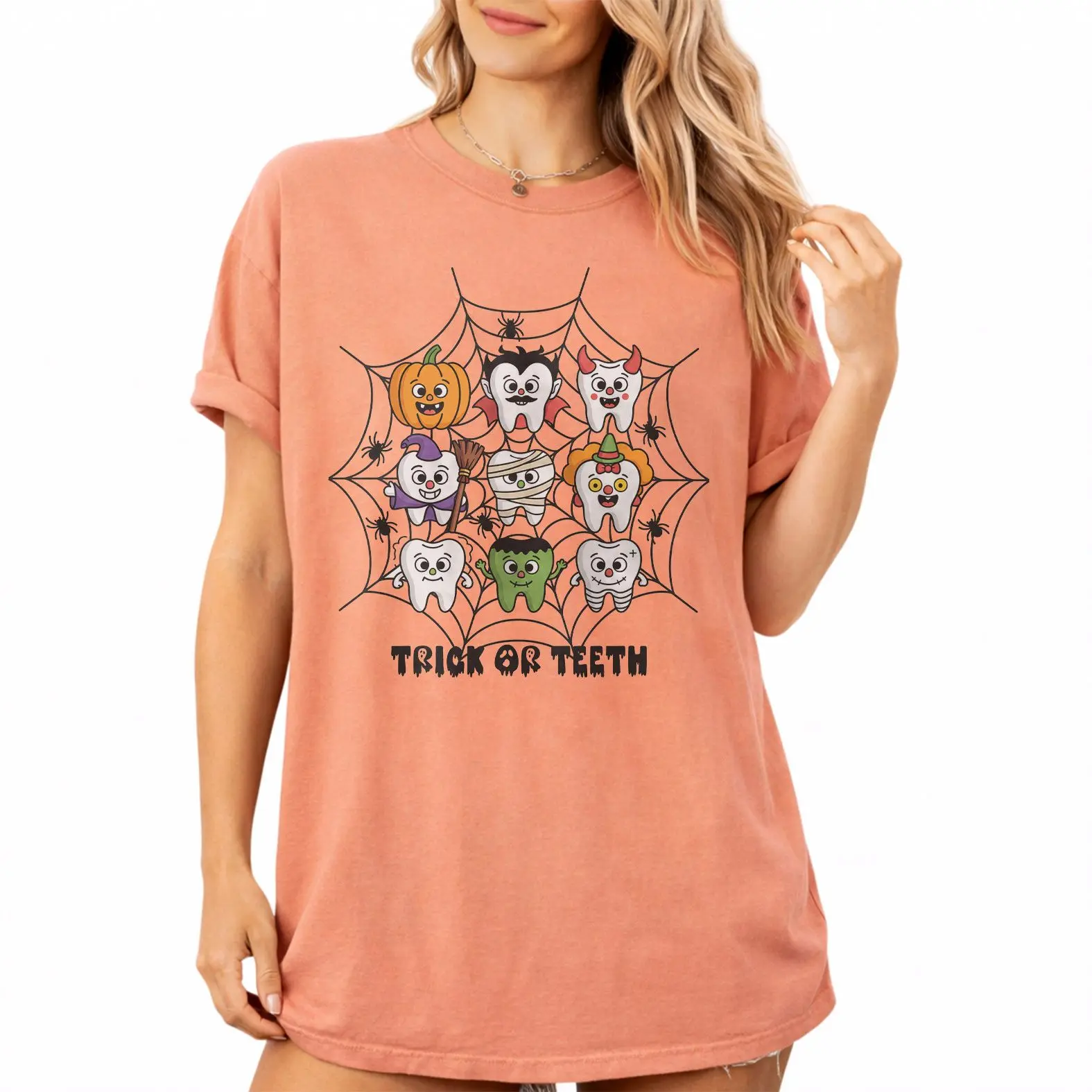 Comfort Colors Trick or Teeth Halloween Dental Shirt, Costume Tooth & Spiderweb Graphic Tee, Dentist & Dental Hygienist Gift