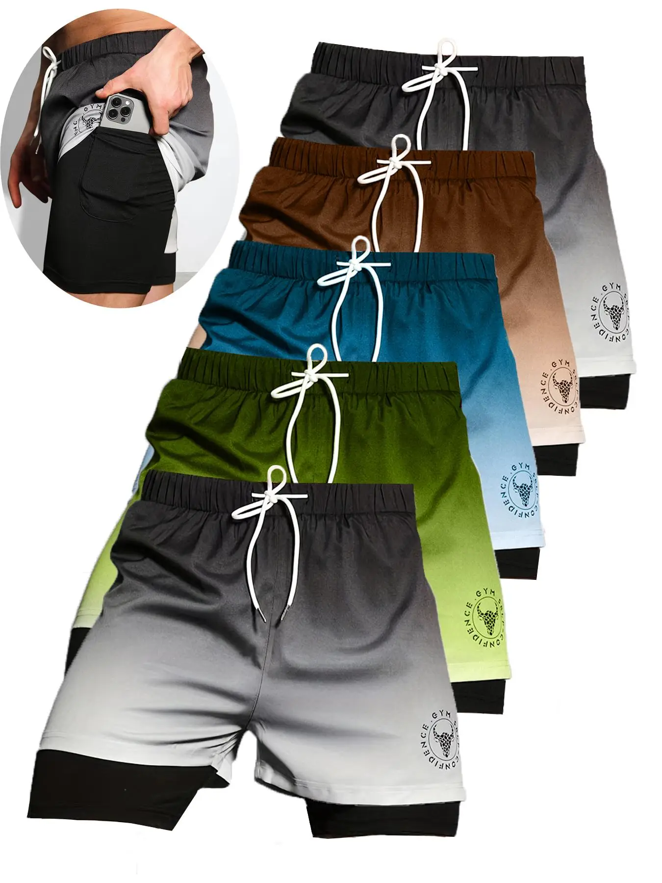 Men's Ombre & Letter Print 2 in 1 Drawstring Waist Shorts, Regular Fit Casual Pocket Straight Leg Shorts for Daily Wear, Men's Bottoms for All Seasons