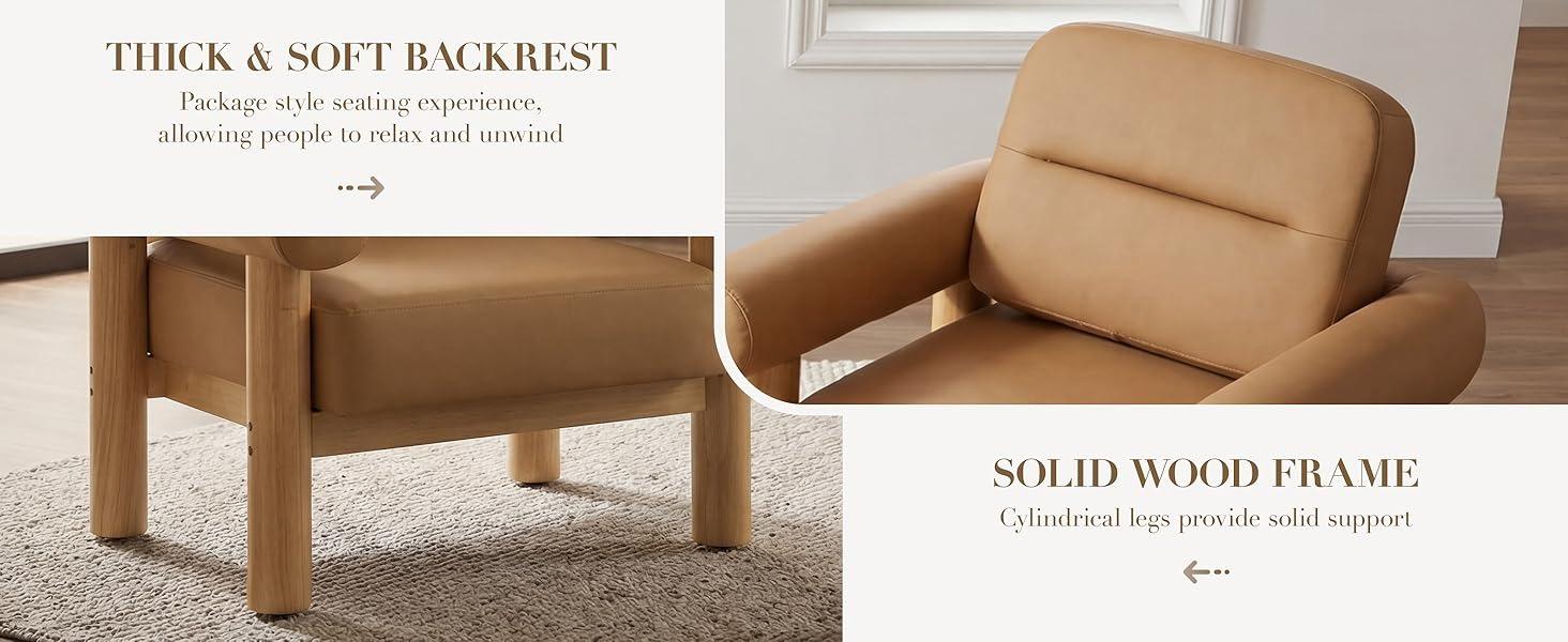 HNY Modern Accent Chair, Faux Leather Barrel Chairs, Comfy Side Arm Chairs with Solid Wood Frame for Living Room,  Aesthetic Room Decor, Light Brown