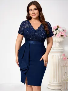 【Plus Size】Missmay YP54229 Women's Plus Size Elegant Sequin Lace Pleated Shortsleeve V Neck Cocktail Party Bodycon Dress Light