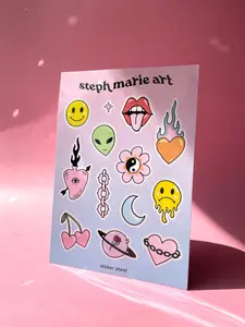 Steph Marie Art Glossy 5 x 7" Sticker Sheet Waterproof & UV Resistant Eco-Friendly Packaging Featuring Fun Designs