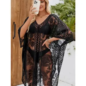 Women's Ethnic Pattern Hollow Out Lace Cover Up, Casual V Neck Long Sleeve Cover Up for Beach Holiday Vacation, Ladies Swimwear for All Seasons, Swimsuit Cover Ups