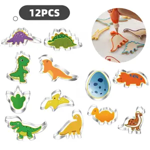 12 sets of dinosaur baking tool kits, made of stainless steel, cookie cutter set, small size, suitable for children's birthday party supplies, including footprints, dinosaur eggs and various dinosaur shapes
