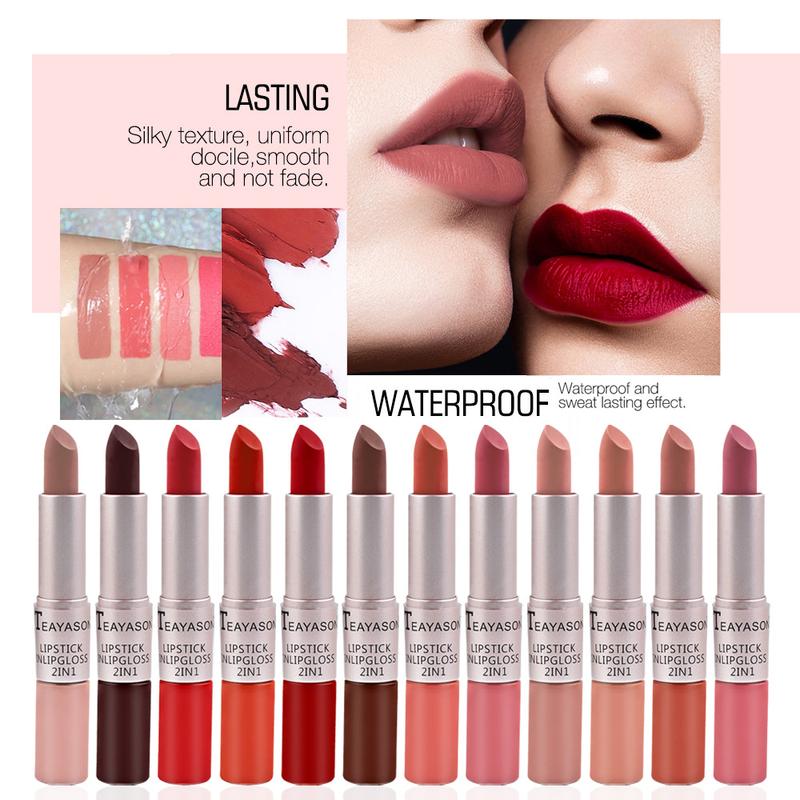 2 in 1 Velvet Matte Lipstick & Lip Gloss SetDouble Head Design Finish Non-Stick Cup NotFade Nude Color Lipgloss Stain Makeup LongLasting Waterproof Gloss