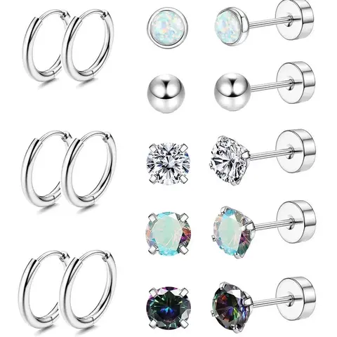 Oufer 16PCS Stainless Steel Earrings Pack with 8 Hoops and 10 Studs Gift For Valentine's Day