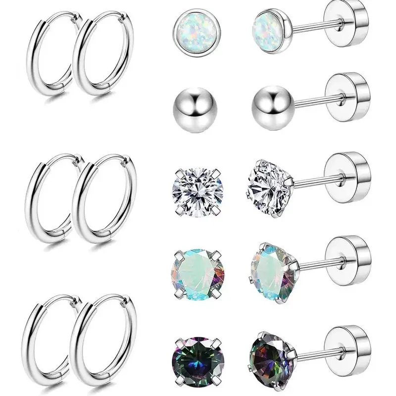 Oufer 16PCS Stainless Steel Earrings Pack with 8 Hoops and 10 Studs Gift For Valentine's Day