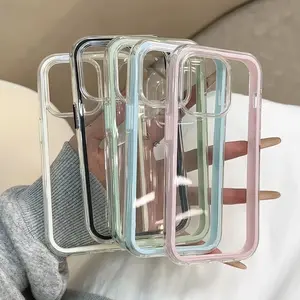 Candy Color Two-in-One Transparent Case for iPhone 16 Pro Max 15 14 13 12 11 Acrylic Phone Casing Cellphone Protector Cover Smartphone Protective Shockproof Pink Edge