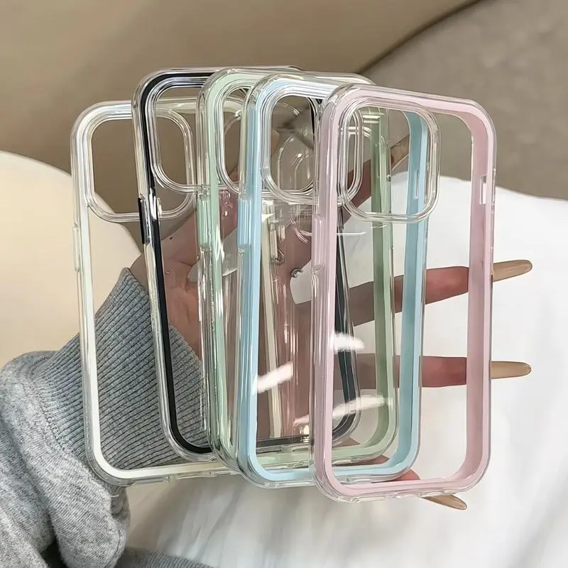 Candy Color Two-in-One Transparent Case for iPhone 16 Pro Max 15 14 13 12 11 Acrylic Phone Casing Cellphone Protector Cover Smartphone Protective Shockproof Pink Edge