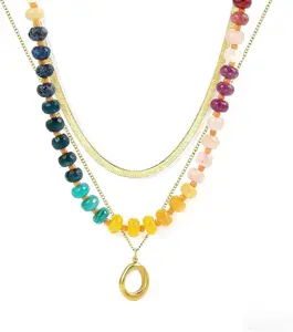 Layered Beaded Necklace for Women Colorful Trendy Snake Chain Circle Pendant Choker Gold Chain Adjustable Length Bohemian Rainbow Stackable Necklaces Jewelry Gift