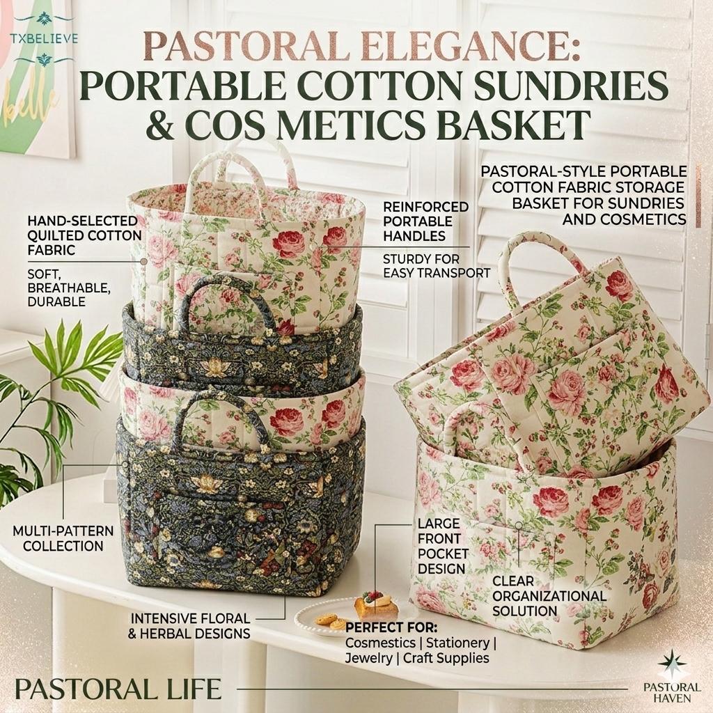 Quilted Fabric Storage Basket with Handles – Boho Foldable Floral Organizer Bin for Home, Picnic, Shopping, Travel