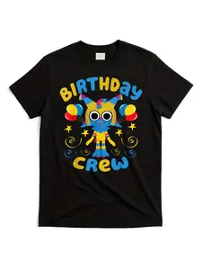 7.5oz Dandy World Yatta-Toon Birthday Team Pattern T-Shirt, Soft Breathable Short Sleeve, Retro Cartoon Design, Casual Wear