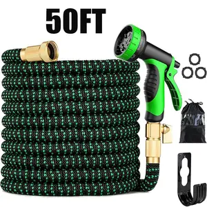 50FT Expandable Flexible Garden Water Hose, 4X Stronger Deluxe Heavy Duty Water Hose, 10 Spray Patterns, Leak-Proof Copper Connectors, Green Color for Garden Home Use