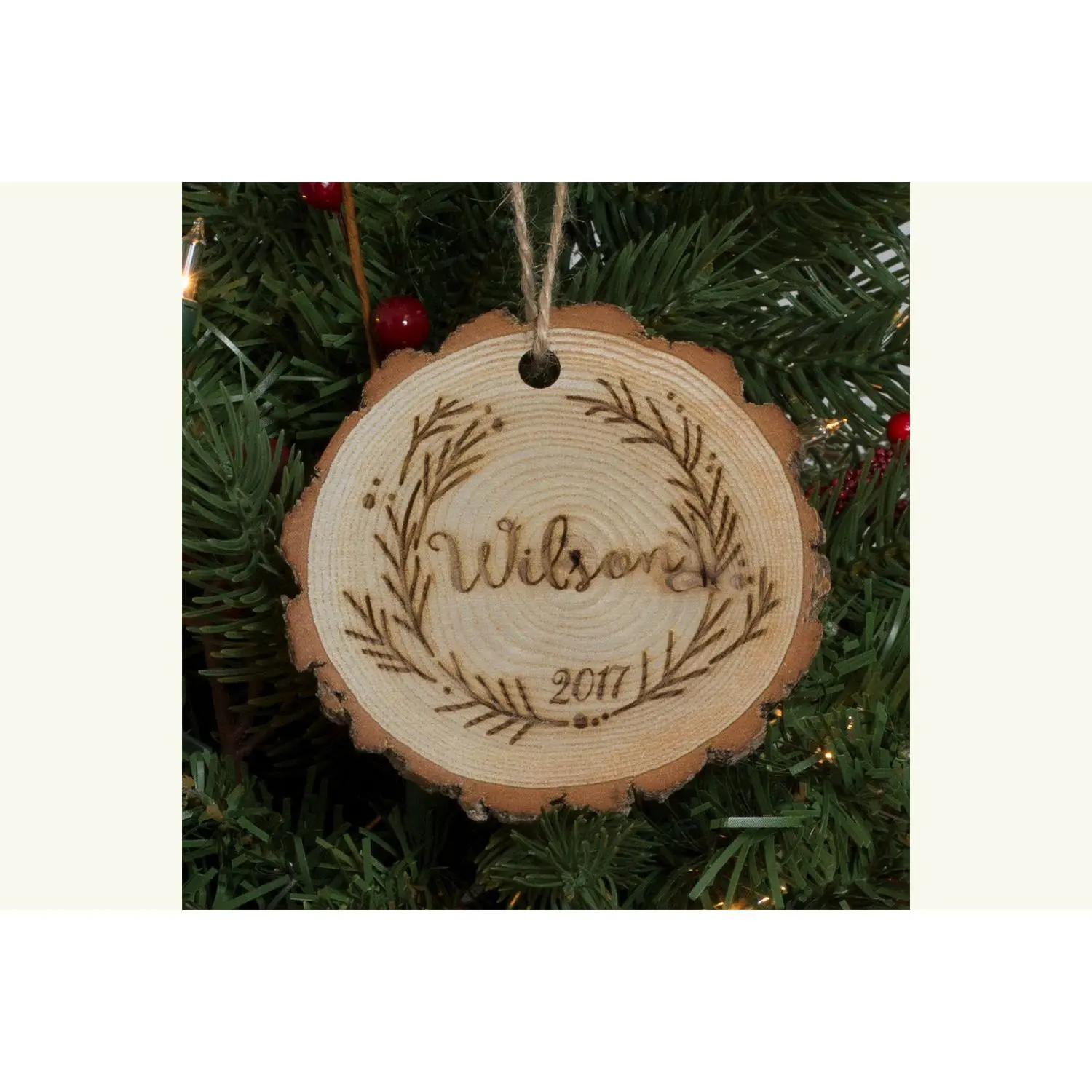 Family Christmas Ornament Engraved Wood - Christmas Wreath, Personalized