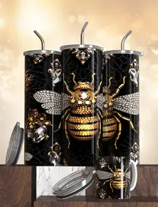 Black & Gold Bee Drinking Stainless Tumbler With Name