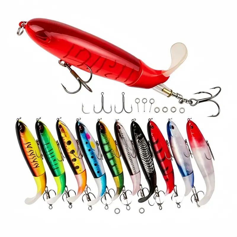 FishTok Viral Topwater Propeller Lure Set | 5/10 Pack With Storage Box, 10cm 13.5g Floating Hard Swimbaits With Sharp Hooks, Surface Vibration Lures For Bass Predator Fish, Lake River Freshwater Saltwater Angling Gear