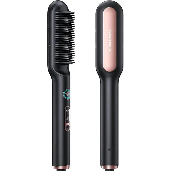 Wavytalk Hair Straightener Brush, Sleek Sweep Ionic Straightening Brush | Anti-Scald Ceramic Straightener Comb with LED Display for Super Smooth hair, Dual Voltage, Rose Gold.