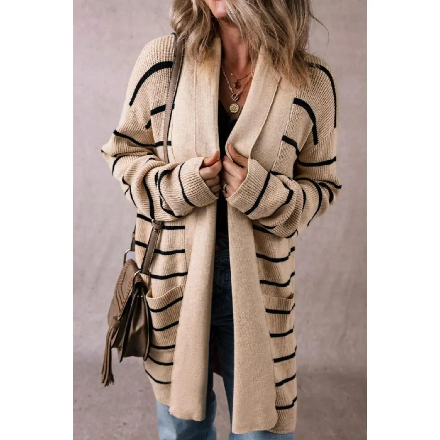 Striped Open Front Long Sleeve Cardigan