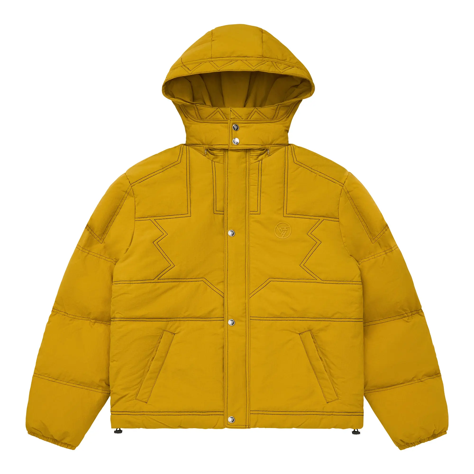 Puffer Jacket for Men, Officially Licensed Yu-Gi-Oh Millennium Puzzle Design, Gold Heavy Nylon with Synthetic Down, Jackets