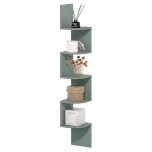 ROSSI Floating Book Shelves for Wall, 5-Tier Zigzag Corner Shelf Wall Mounted, Radial Corner Wall Shelf, for Living Room, Bedroom, Bathroom, Home Office, Sage Green