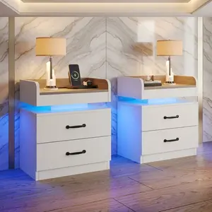 LED Nightstand Set of 2, Modern Semi-Floating Bedside Table with 2 Storage Drawers, Cool Blue LED Ambient Light & USB Charging Port, Waterproof MDF End Side Table, Minimalist Accent Furniture for Bedroom, Gaming Room
