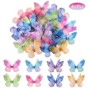 80Pcs Organza Butterfly Crafts Colorful 2 Layers Butterflies Rhinestone Glitter Embellishments 8 Styles 3D Organza Ornaments for DIY Crafts Wall Decorations Wedding Appliques