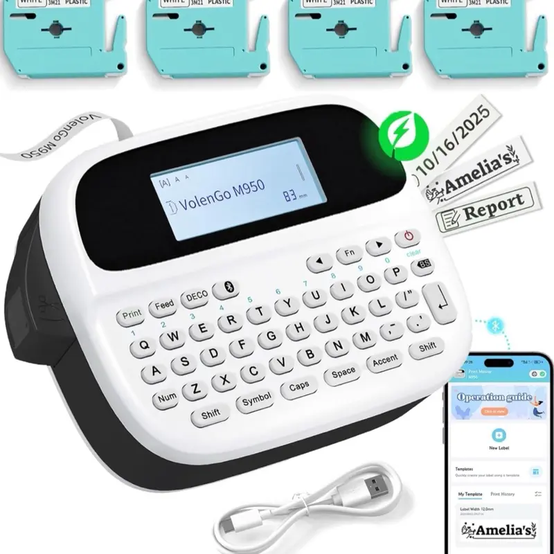 Label Maker Machine with 4 Tapes, Rechargeable Backlit Bluetooth Label Maker, Freezer Waterproof-Labels, Inkless 12mm M950 Label Printer, for Home/Office/School, Teacher Appreciation/Graduation Gifts