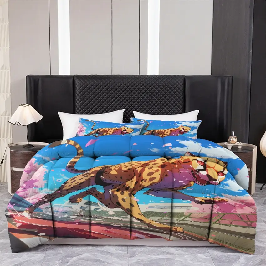 3pcs Printed quilt three-piece set (1 quiltr+2 pillowcases) - Dynamic Cheetah Print Bedding, Vibrant Artistic Animal Design, Soft Cozy Microfiber Quilted Comforter Set, Modern Bedroom Aesthetic, All Season Decor