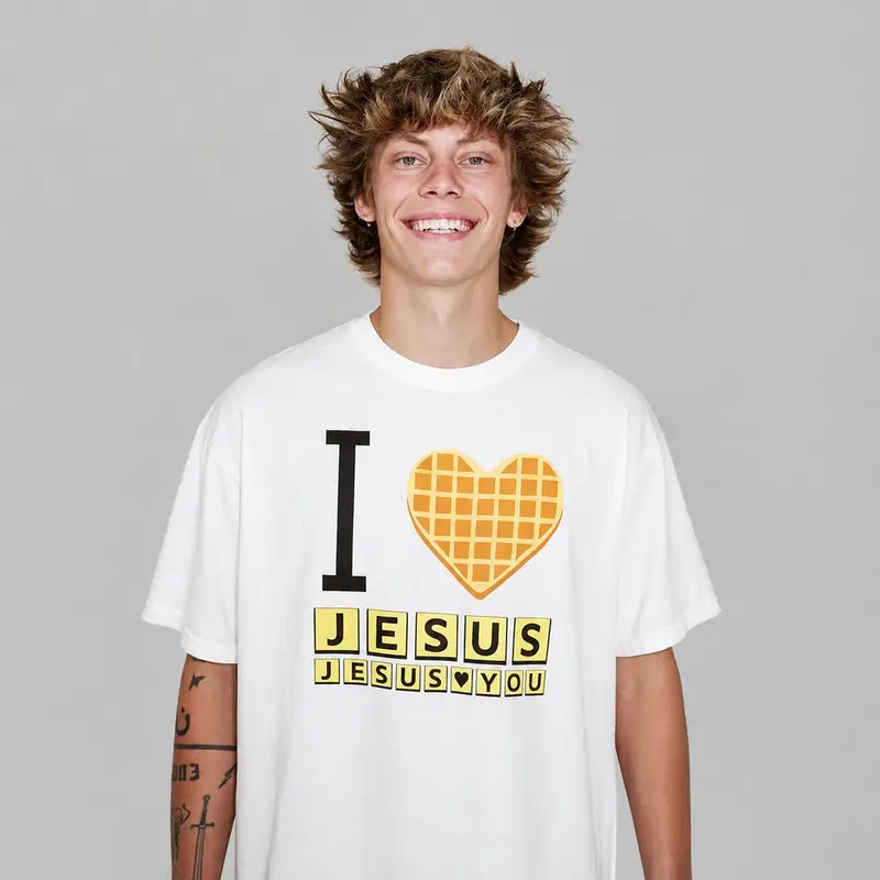 I Love Jesus Jesus Loves You Waffle Graphic Tee, Christian Inspirational T-Shirt, Unisex Casual TikTok Viral