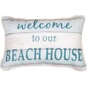 212 MAIN Square Shape Coastal Look Outdoor Lumbar Pillow, 12.5x8.5in Cotton Fill, "Welcome to Our Beach House" Word Design, Beach Theme, Customizable Gift Option