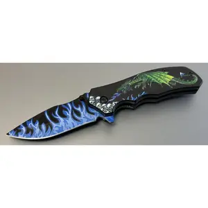 Green Dragon Pocket Knife Full Size Blue Flames 4.5 Inches 440 Steel EDC Clip