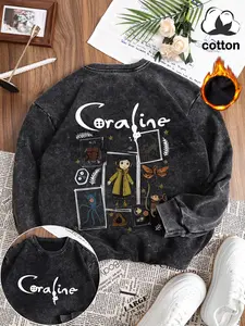 Cotton clothing, "Coraline" theme distressed pattern letter print, casual retro washed cotton long-sleeved pullover, round neck casual sports women's pullover sweatshirt, autumn and winter plus velvet women's clothing