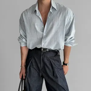 Men's Long Sleeve Casual Linen Striped Shirt Korean Style Lightweight Spring Summer Seasons Blue Color Thin Fabric No Ironing