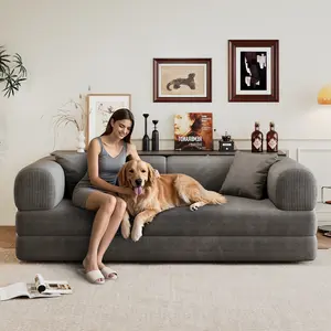79" Convertible Sofa Bed, Corduroy Folding Pull Out Couch with Pillows, No Assembly Modern Boneless Couch Compression Sofa in Box, Floor Sofa with Support Rods for Living Room,Grey