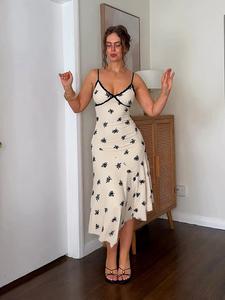 Women's Street Style Floral Print Lace Patchwork Slim-Fit Summer Dress, Elegant Asymmetrical Strap Casual Vacation