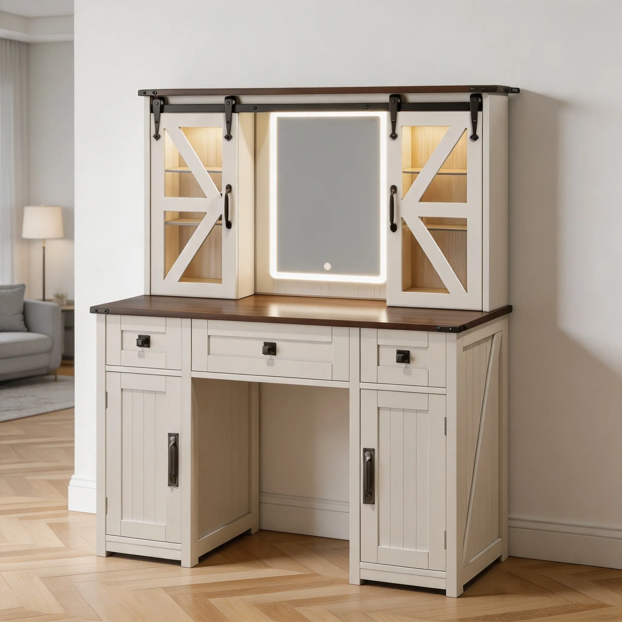 43.3" Farmhouse Vanity Desk with Lighted Mirror & Charging Station, Dressing Table with Sliding Barn Door, 3 Drawers & 4 Cabinets, Beige for Bedroom