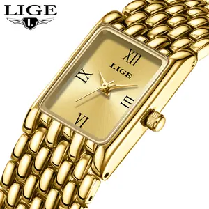Lige Elegant Women's dainty gold , minimalist and elegant style, rectangular dial, stainless steel strap,30-meter water resistance dress vintage reloj