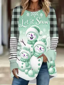 Plus Size Women's Christmas Snowman Print Long Sleeve T-Shirt, Casual Holiday Top, Comfortable Cotton Tee for Winter Fashion