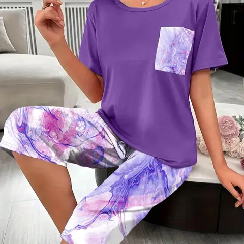 [Plus Size] Short Sleeve Tee & Capri Pants Loungewear Sets Lightweight Soft Set, Casual Comfy Round Neck T-shirt & Capri Trousers Pajama Set, Women's Sleepwear for All Seasons Soft Stretchy Homewear
