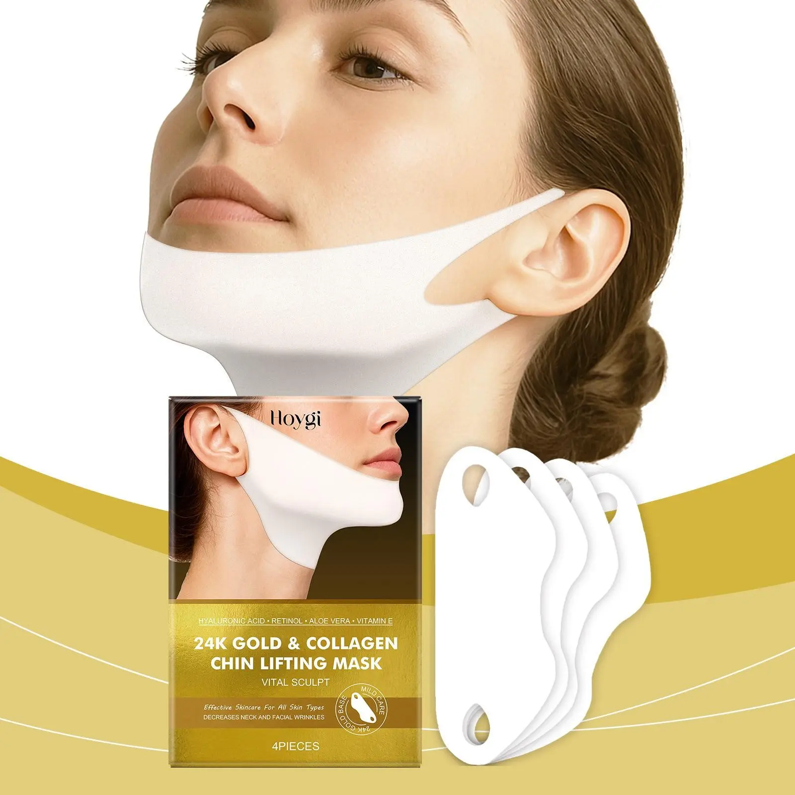 Gold Collagen Lifting Chin Mask Set, Contains Hyaluronic Acid, Retinol, Aloe Vera & Vitamin E, Moisturizing, Hydrating, Skin Care, 4 Pieces, Unisex, All Skin Types, Moisturizing Facial Mask, Face Mask Hydrating