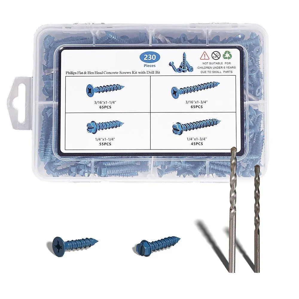 Blue Ruspert Concrete Screws Kit with Drill Bit - Heavy-Duty Socket Cap Screws for Hardware Installation Projects