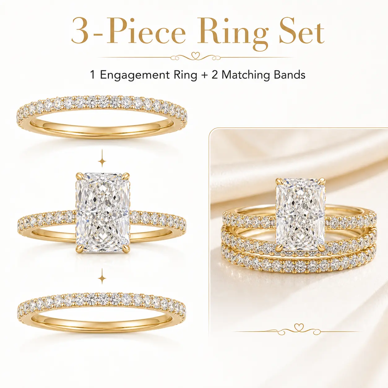 UURiel Bridal Ring Set for Women, 3 Piece Gold Wedding Ring Set, Radiant Cut Engagement Ring with 2 Stackable Wedding Bands, Statement Promise Ring for Engagement, Wedding, Anniversary