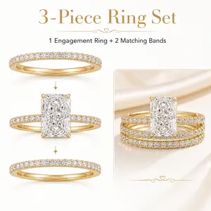 UURiel Bridal Ring Set for Women, 3 Piece Gold Wedding Ring Set, Radiant Cut Engagement Ring with 2 Stackable Wedding Bands, Statement Promise Ring for Engagement, Wedding, Anniversary