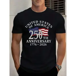 180gMen's United States Of America 250th Anniversary 1776 2026 Flag Print Round Neck T-Shirt For Independence Day Celebration Comfortable Fabric Suitable For Gifting