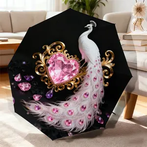 Elegant Peacock Print Umbrella with Automatic Folding and Sun Protection, Durable 8-Rib Design for Outdoor Use, Perfect Holiday Gift