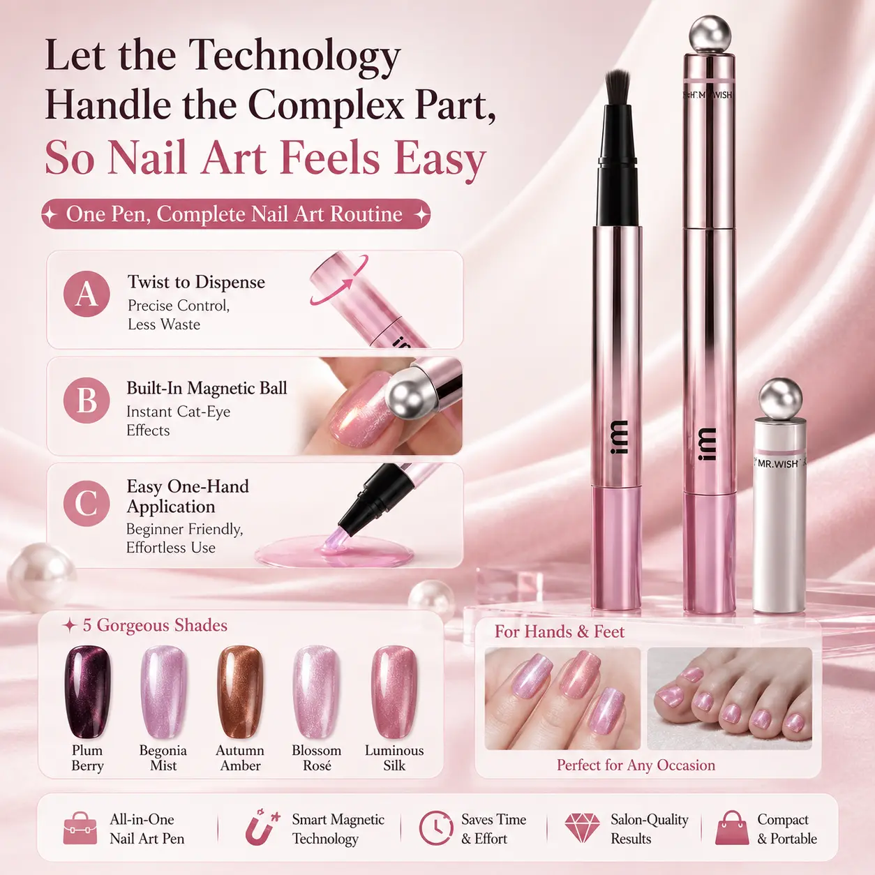 MR.WISH 7-in-1 3ml Magnetic Cat Eye Nail Art Pen with Built-In Magnet Ball, Twist-Apply Nail Gel for DIY Hands & Toes Manicure, Magnetic Ball, 7-In-1 Design, Beginner-Friendly marker french art diy, Built-In Magnetic Ball